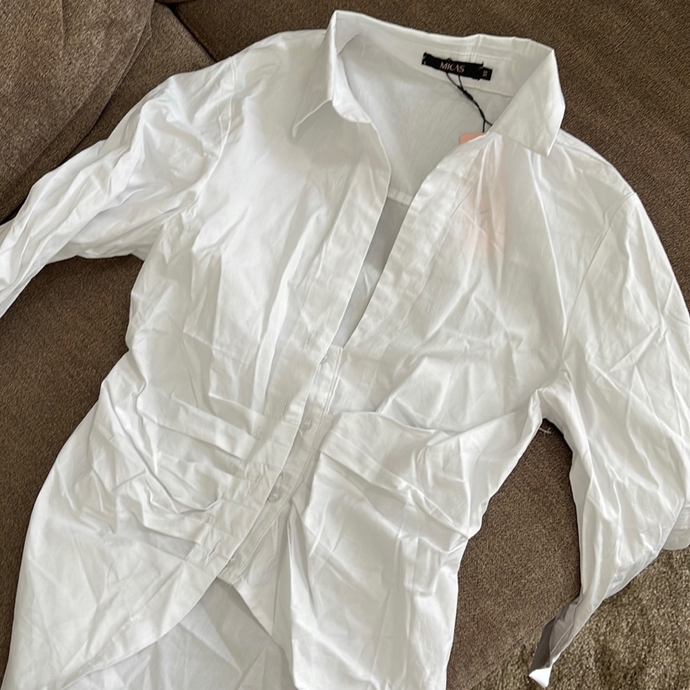 Asymmetrical white button down shirt